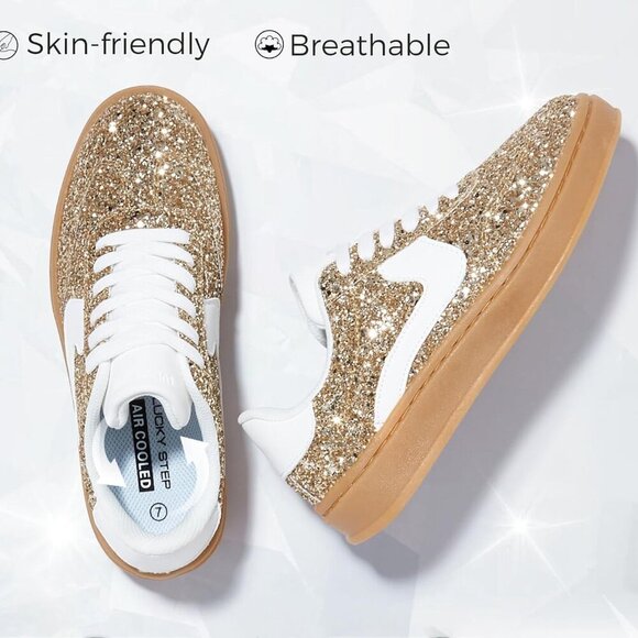 Women's Glitter Sneakers Casual Sparkly Anti Slip Rubber Sole Lace-Up - Picture 4 of 9